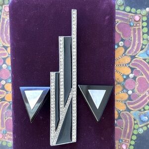 Art Deco Sterling Silver Pierced Earrings And Brooch Vintage Excellent